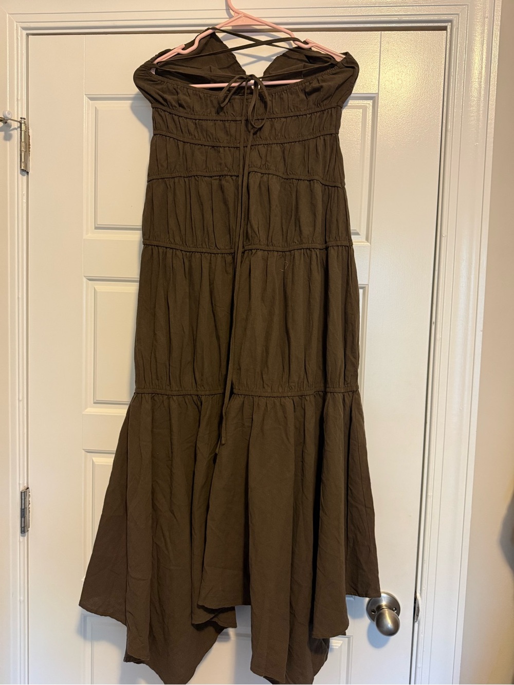 SNDYS Tahlia Dress Brown Spaghetti-Strap Midi Dress with Smocked Bodice Sz Small - Picture 4 of 8